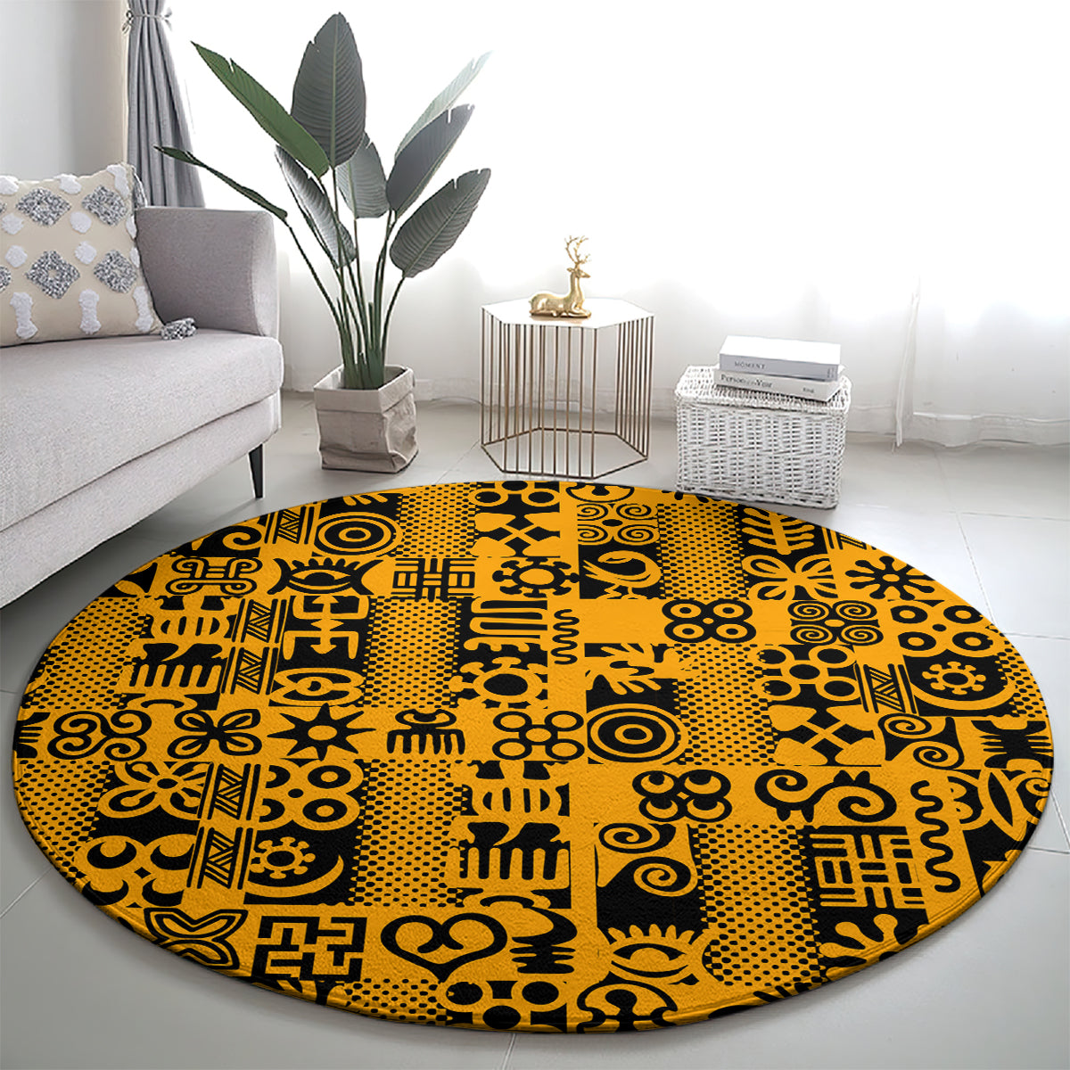 Culture Adinkra Round Carpet West African Yellow Art