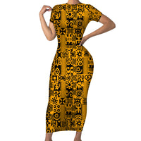 Culture Adinkra Short Sleeve Bodycon Dress West African Yellow Art - Wonder Print Shop