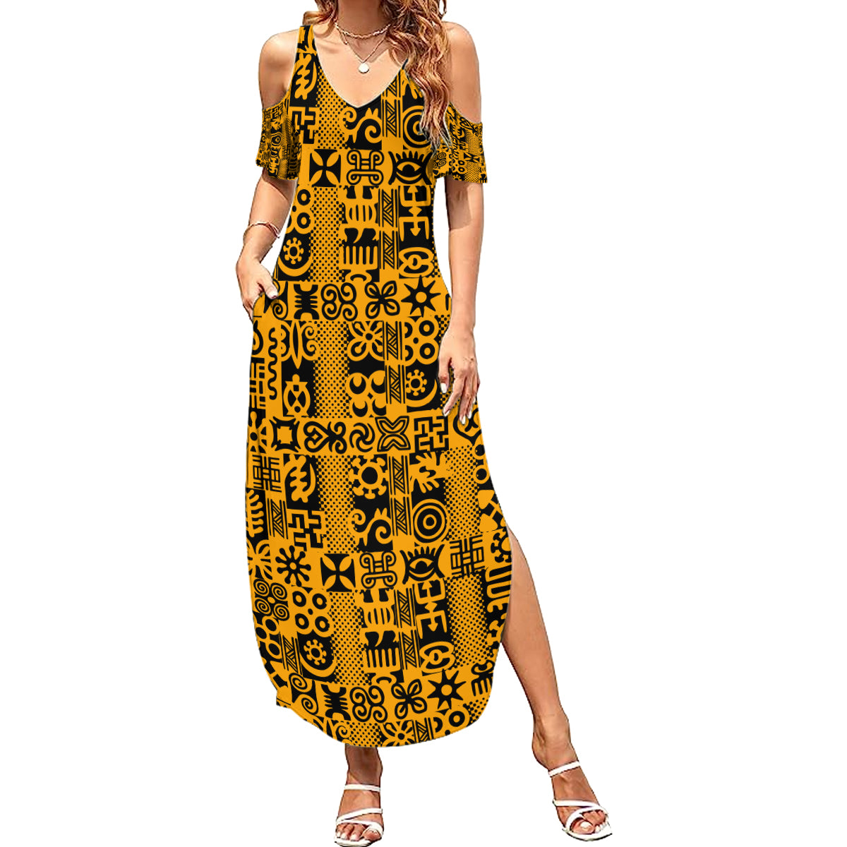 Culture Adinkra Summer Maxi Dress West African Yellow Art - Wonder Print Shop