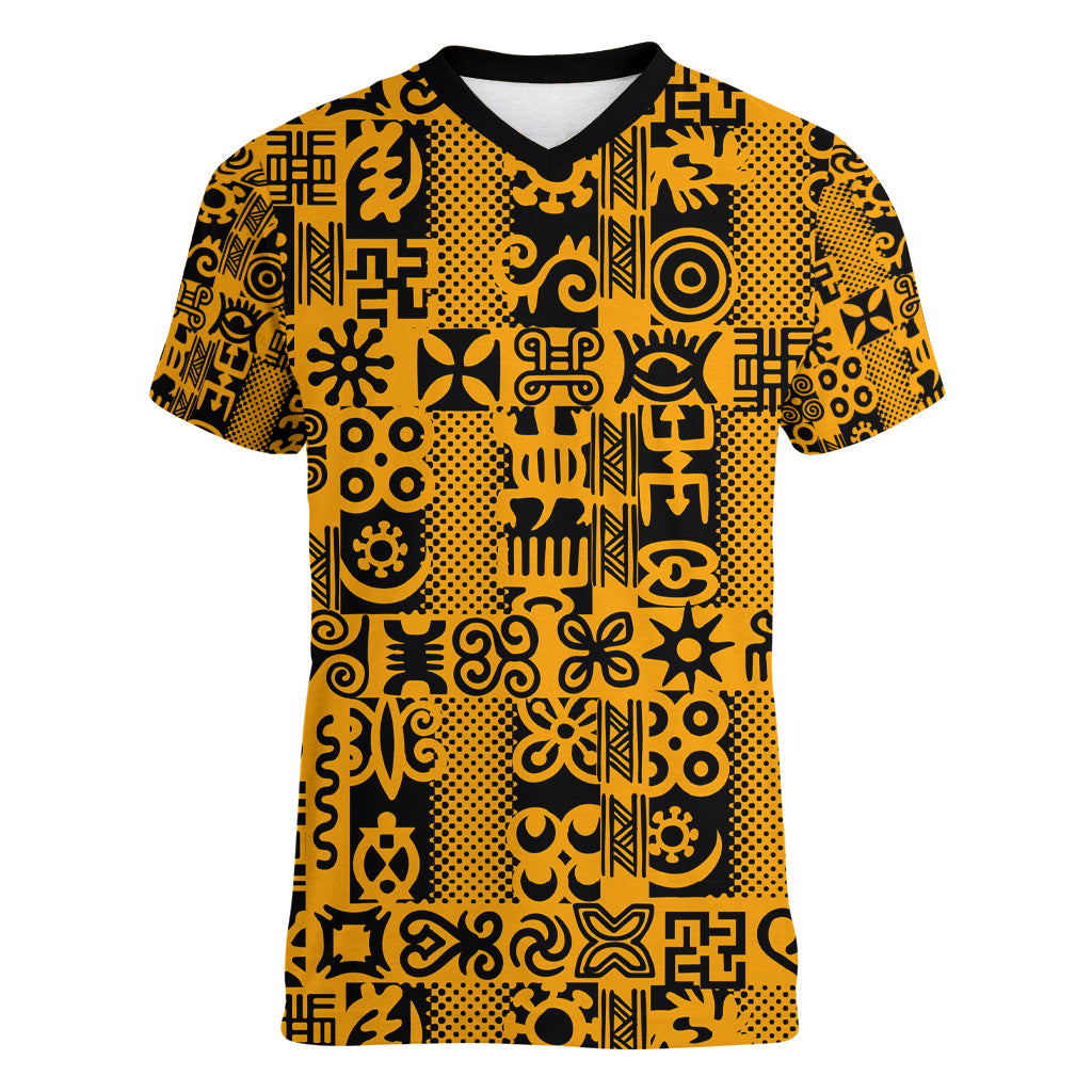 Culture Adinkra Women V Neck T Shirt West African Yellow Art - Wonder Print Shop