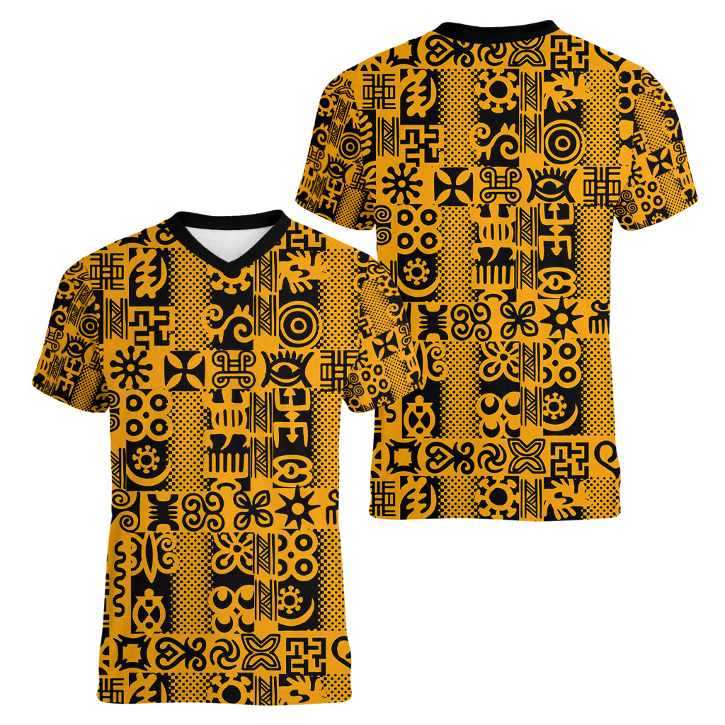 Culture Adinkra Women V Neck T Shirt West African Yellow Art - Wonder Print Shop