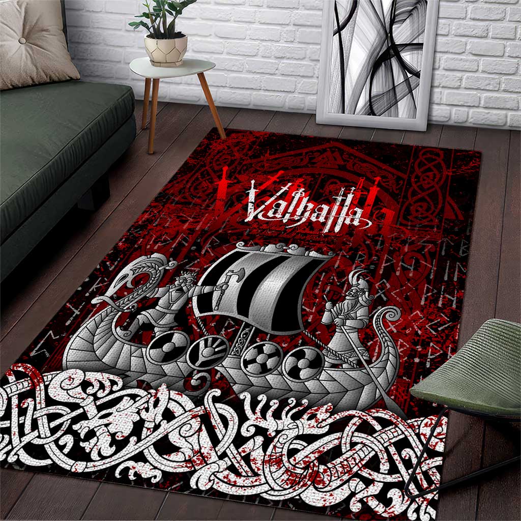 Blood Flows to Valhalla Area Rug Viking Longship Nordic Knotwork - Dark Mythology