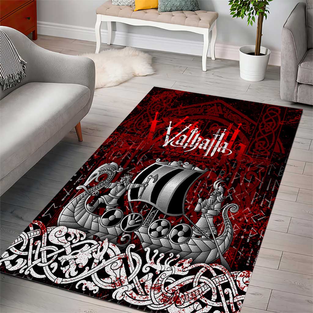 Blood Flows to Valhalla Area Rug Viking Longship Nordic Knotwork - Dark Mythology