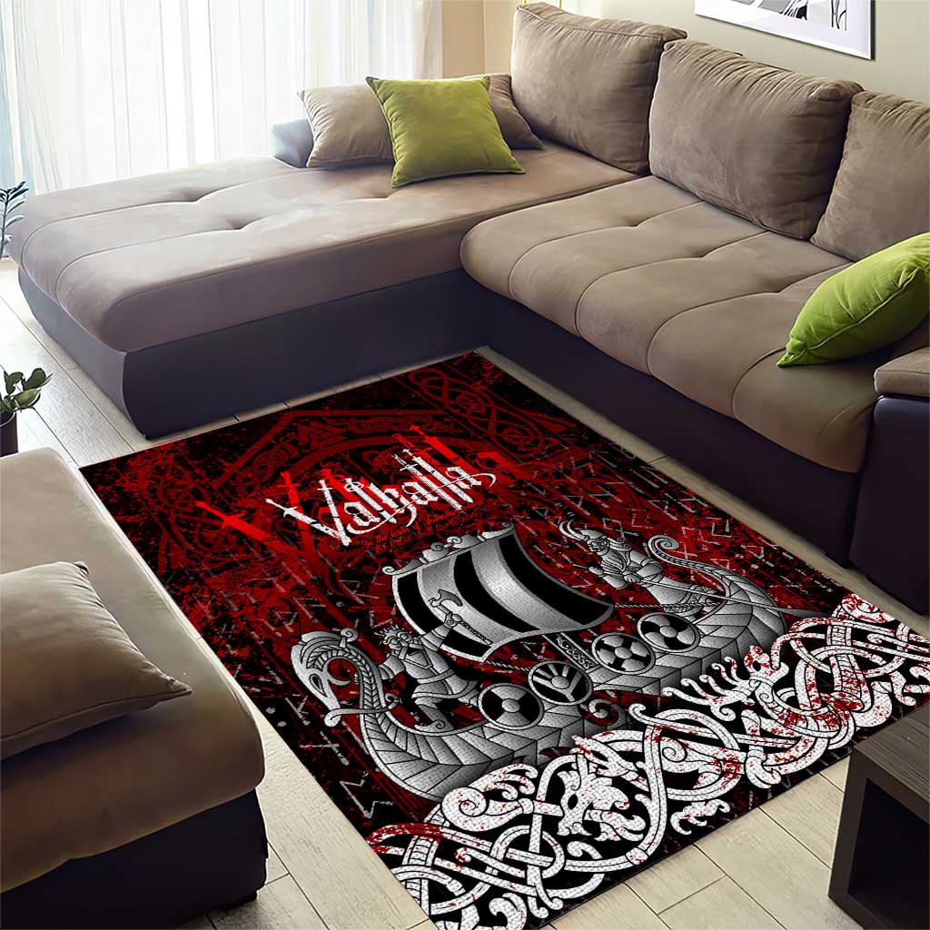 Blood Flows to Valhalla Area Rug Viking Longship Nordic Knotwork - Dark Mythology