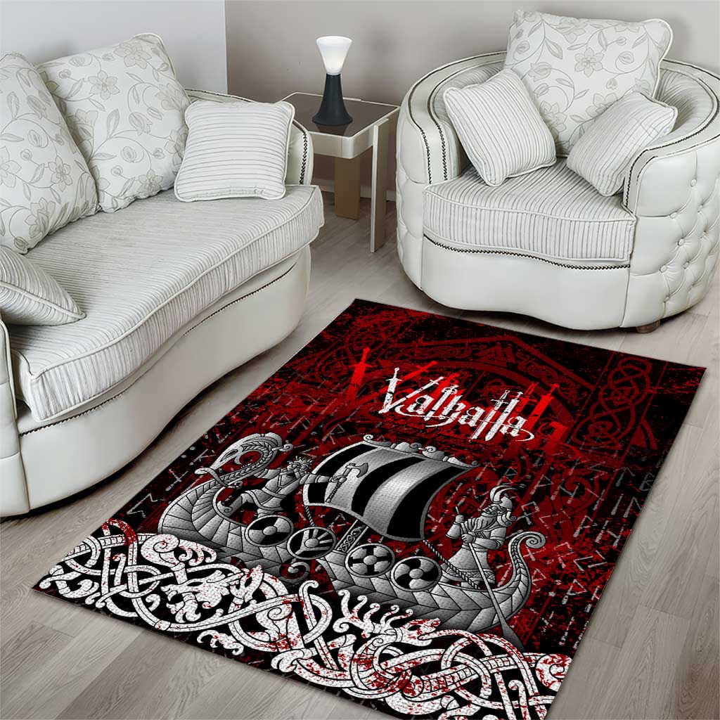 Blood Flows to Valhalla Area Rug Viking Longship Nordic Knotwork - Dark Mythology