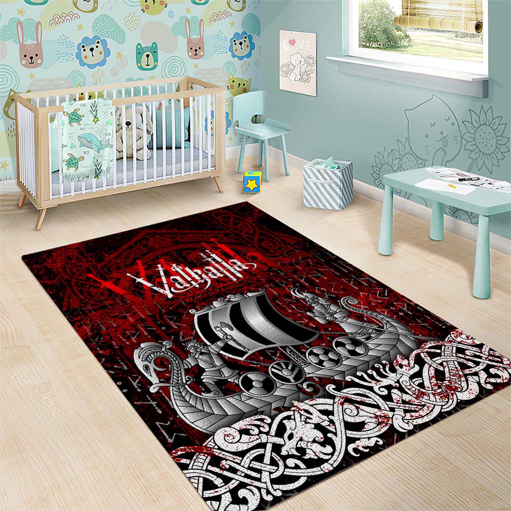 Blood Flows to Valhalla Area Rug Viking Longship Nordic Knotwork - Dark Mythology