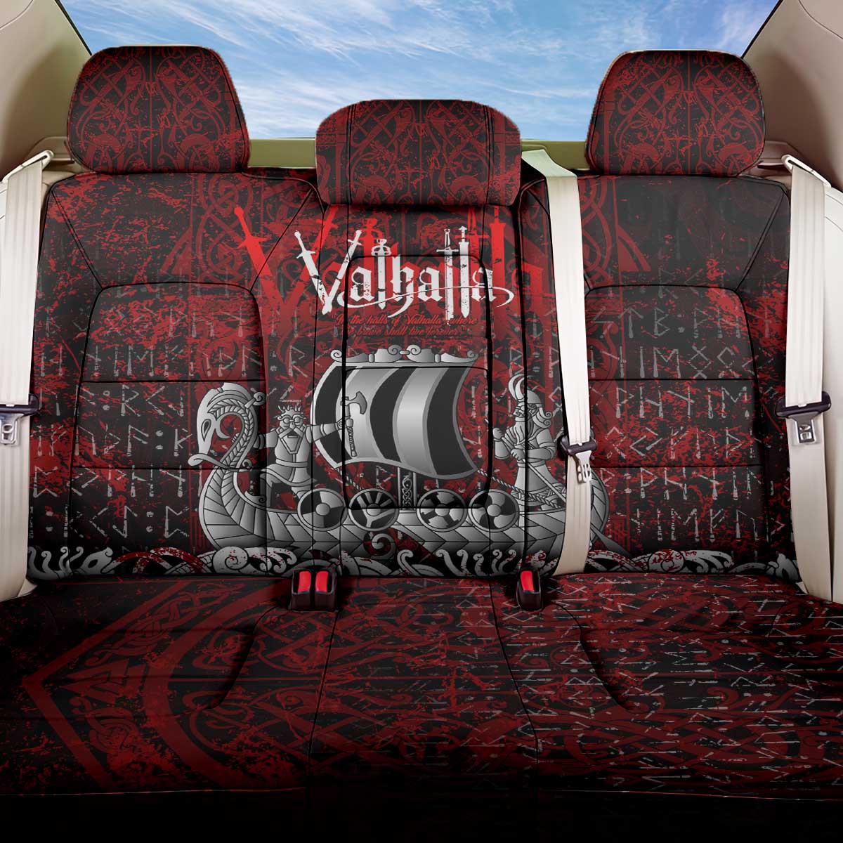 Blood Flows to Valhalla Back Car Seat Cover Viking Longship Nordic Knotwork - Dark Mythology
