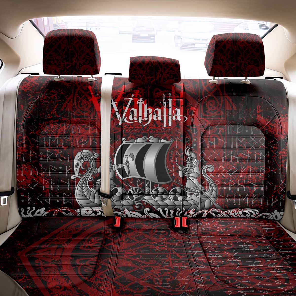 Blood Flows to Valhalla Back Car Seat Cover Viking Longship Nordic Knotwork - Dark Mythology