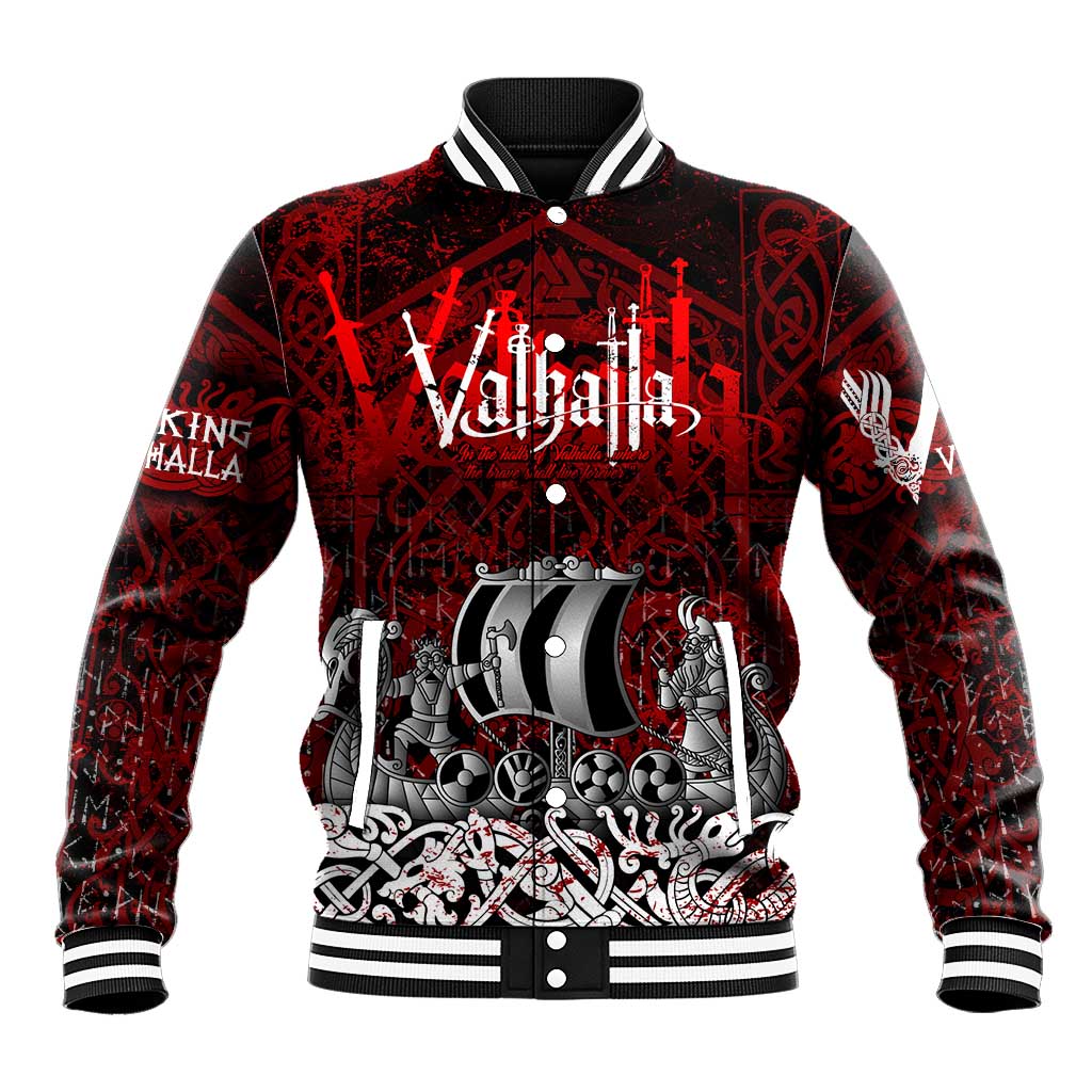 Blood Flows to Valhalla Baseball Jacket Viking Longship Nordic Knotwork - Dark Mythology