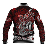 Blood Flows to Valhalla Baseball Jacket Viking Longship Nordic Knotwork - Dark Mythology