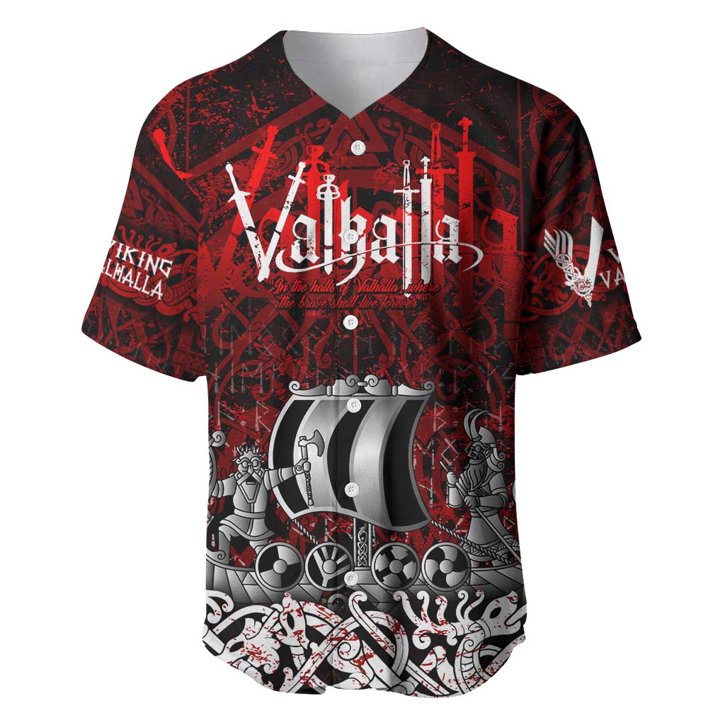 Blood Flows to Valhalla Baseball Jersey Viking Longship Nordic Knotwork - Dark Mythology