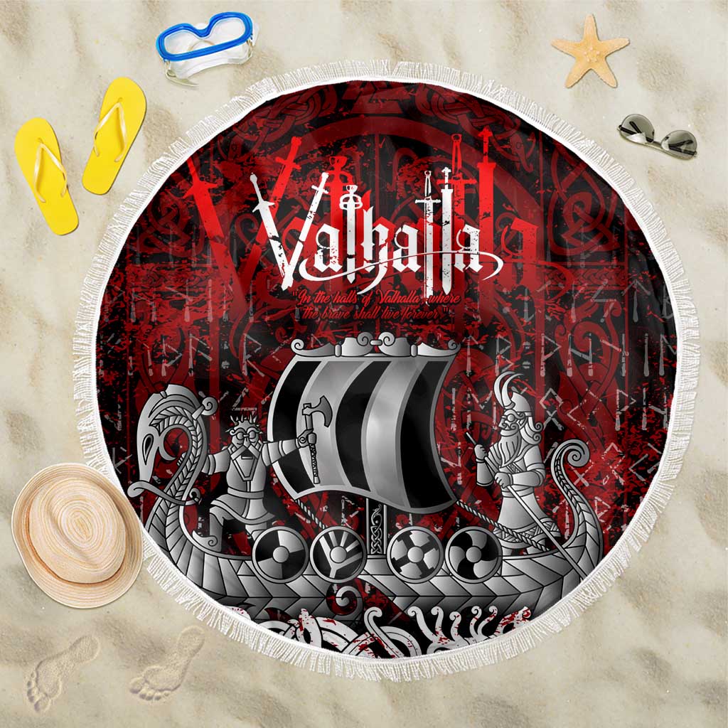Blood Flows to Valhalla Beach Blanket Viking Longship Nordic Knotwork - Dark Mythology