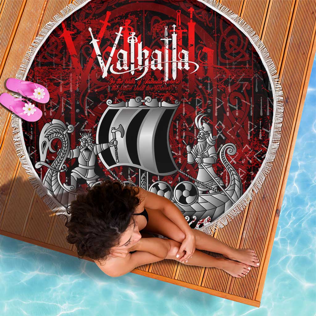 Blood Flows to Valhalla Beach Blanket Viking Longship Nordic Knotwork - Dark Mythology