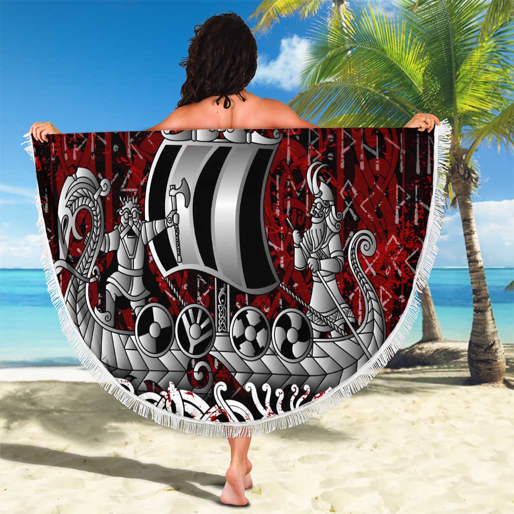 Blood Flows to Valhalla Beach Blanket Viking Longship Nordic Knotwork - Dark Mythology