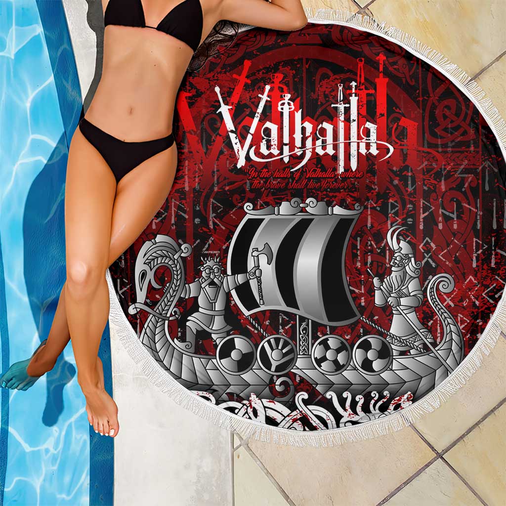 Blood Flows to Valhalla Beach Blanket Viking Longship Nordic Knotwork - Dark Mythology