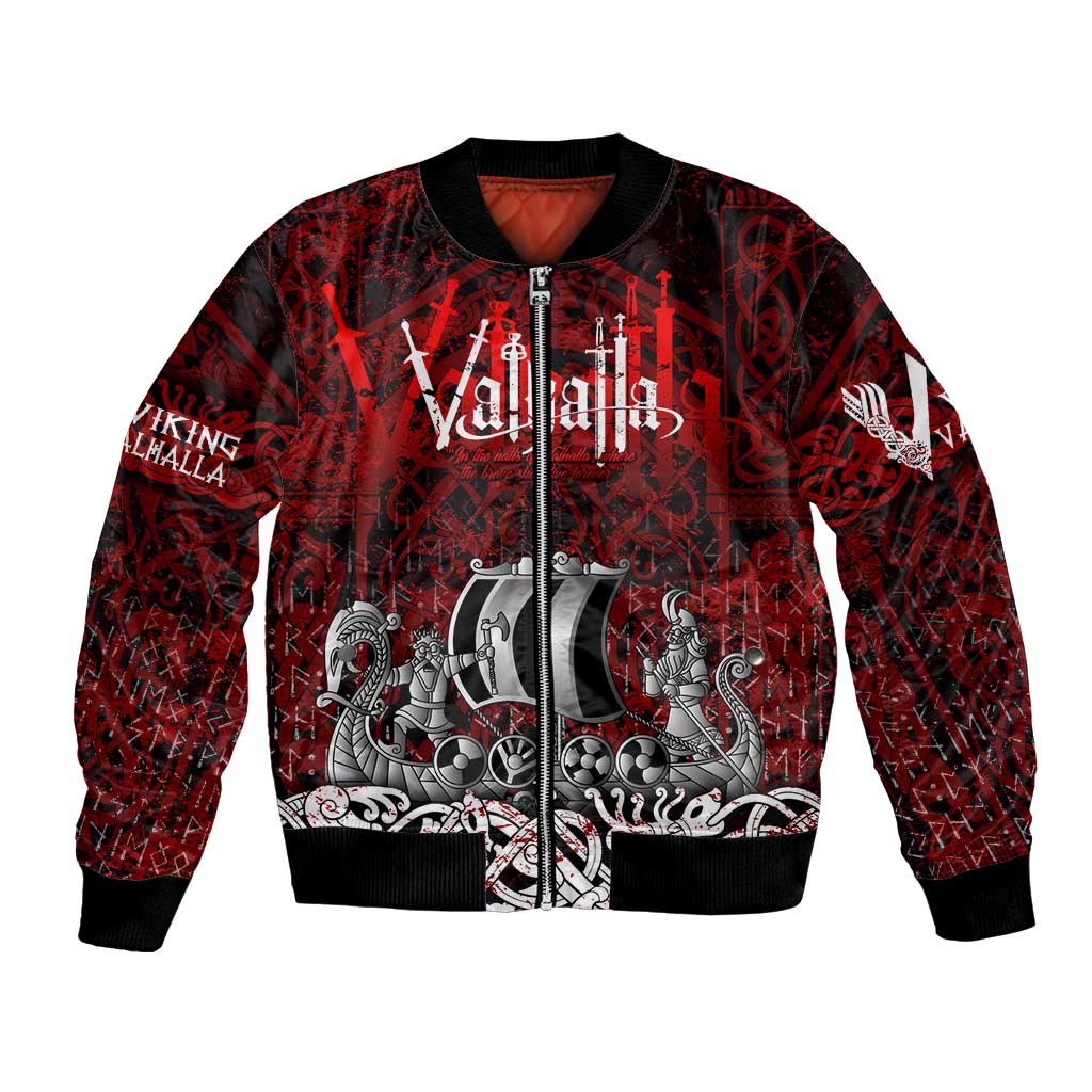 Blood Flows to Valhalla Bomber Jacket Viking Longship Nordic Knotwork - Dark Mythology