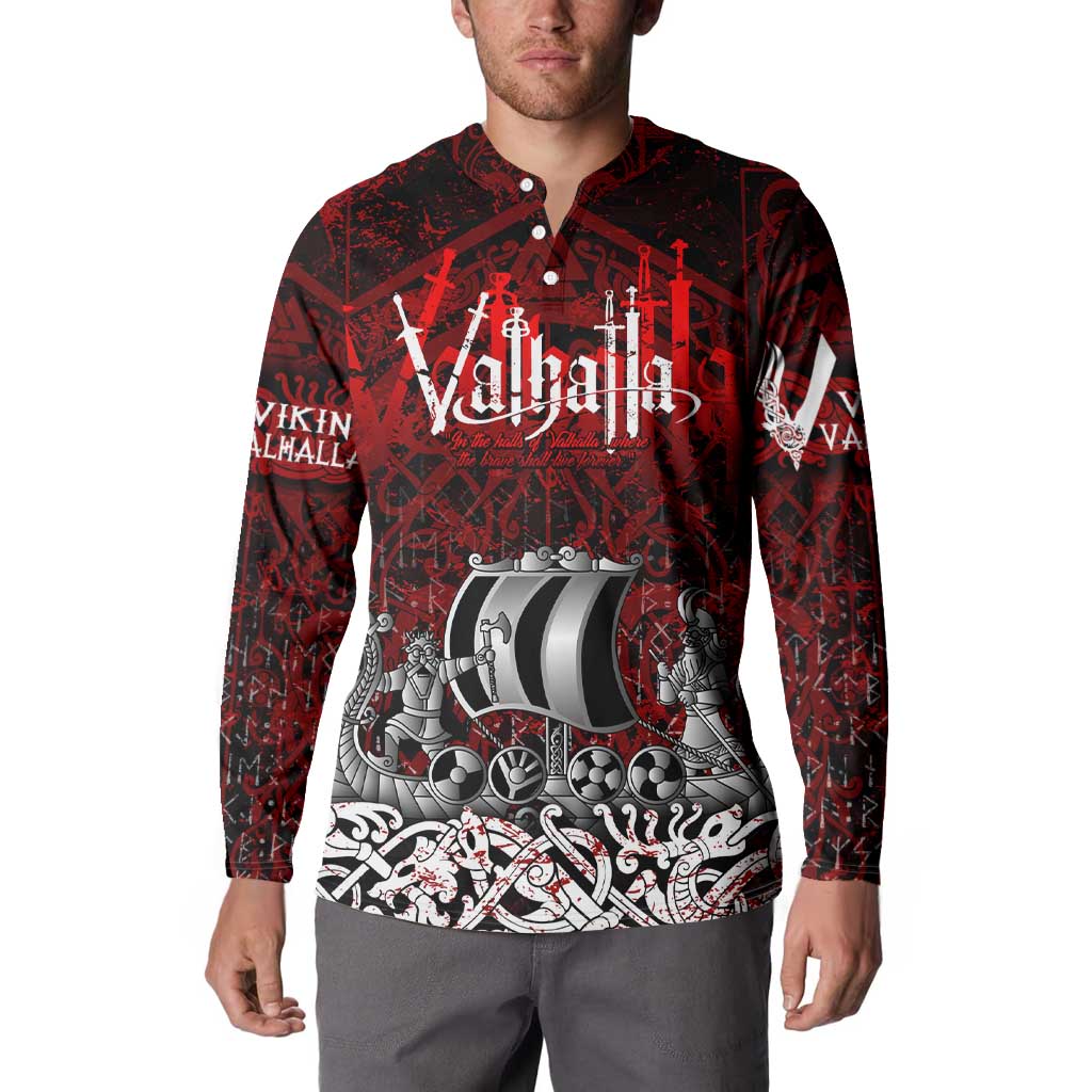 Blood Flows to Valhalla Button Sweatshirt Viking Longship Nordic Knotwork - Dark Mythology