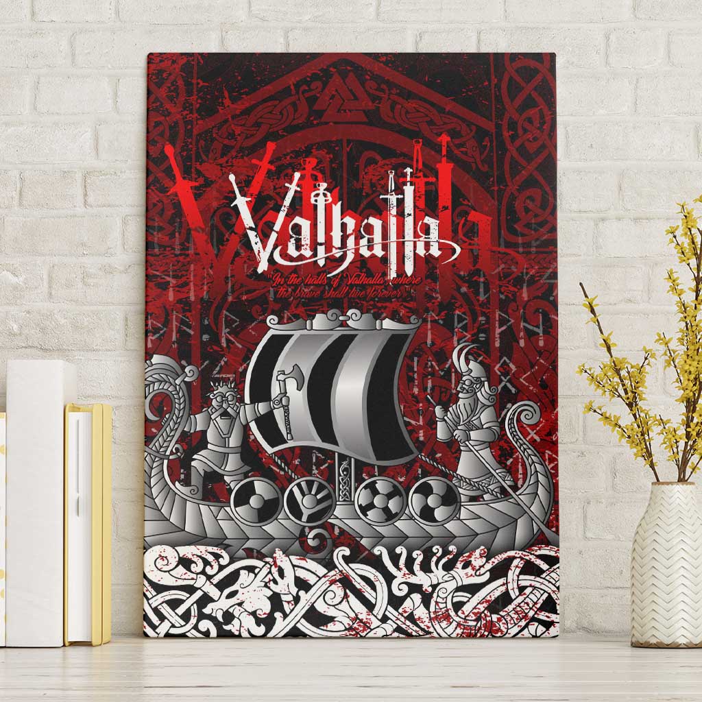 Blood Flows to Valhalla Canvas Wall Art Viking Longship Nordic Knotwork - Dark Mythology