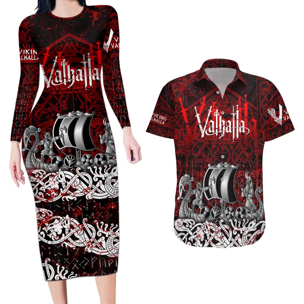 Blood Flows to Valhalla Couples Matching Long Sleeve Bodycon Dress and Hawaiian Shirt Viking Longship Nordic Knotwork - Dark Mythology