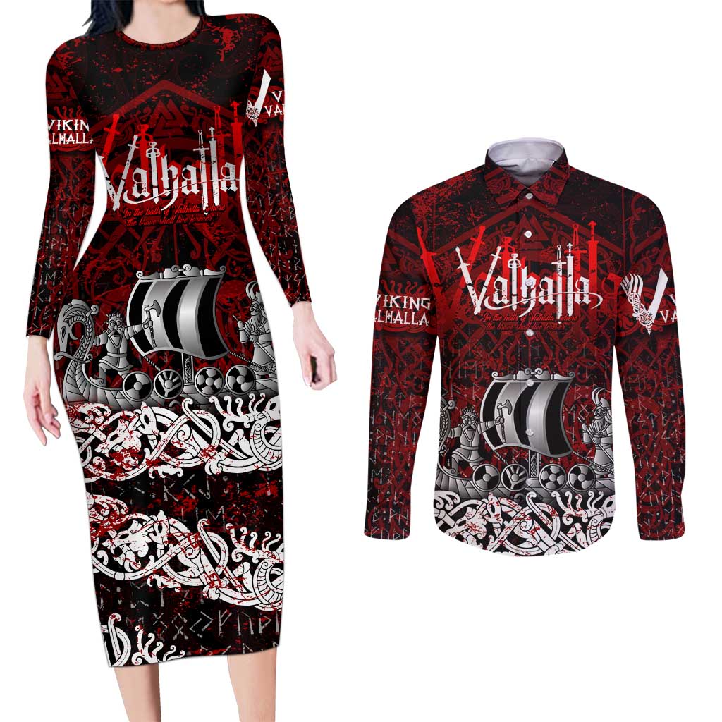Blood Flows to Valhalla Couples Matching Long Sleeve Bodycon Dress and Long Sleeve Button Shirt Viking Longship Nordic Knotwork - Dark Mythology