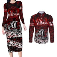 Blood Flows to Valhalla Couples Matching Long Sleeve Bodycon Dress and Long Sleeve Button Shirt Viking Longship Nordic Knotwork - Dark Mythology