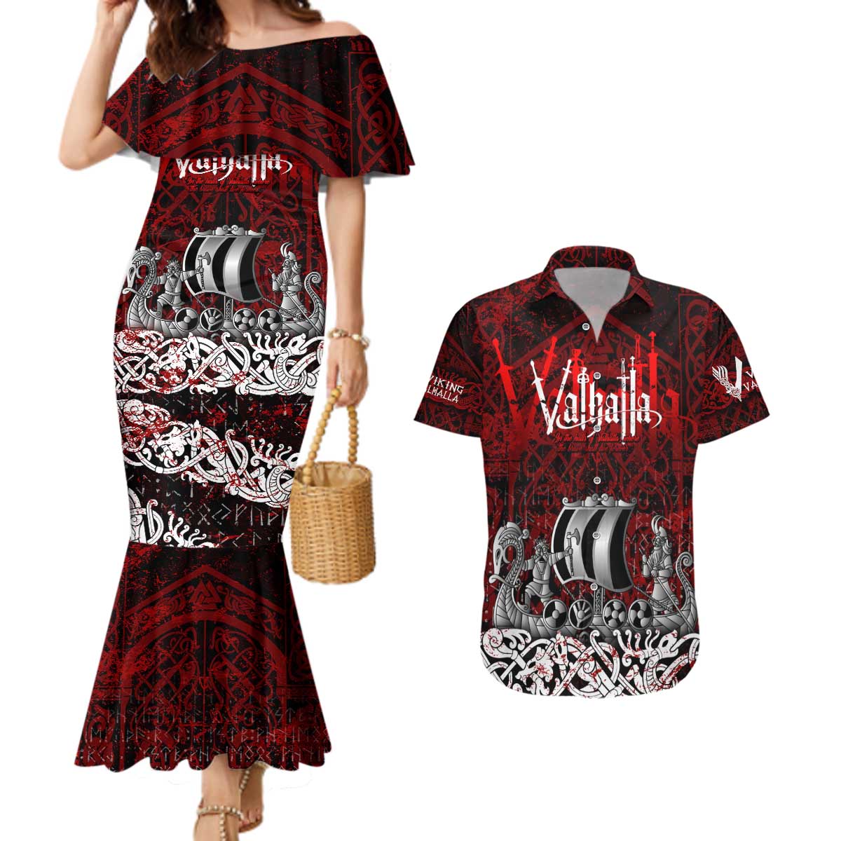 Blood Flows to Valhalla Couples Matching Mermaid Dress and Hawaiian Shirt Viking Longship Nordic Knotwork - Dark Mythology