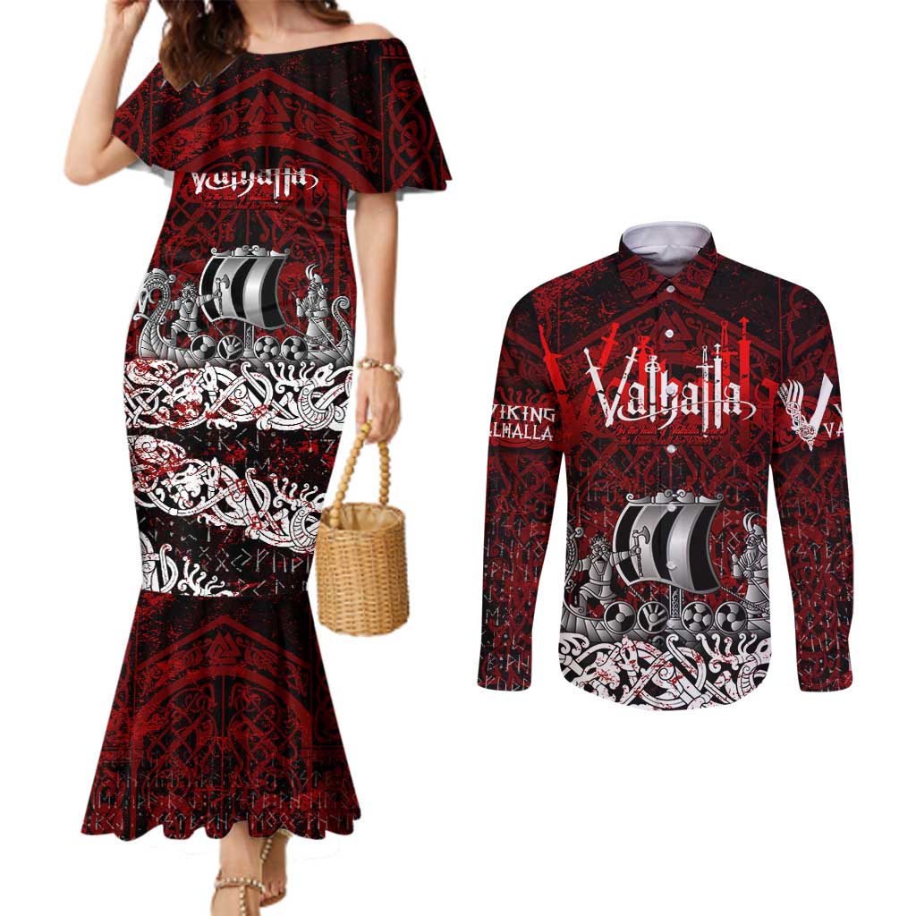 Blood Flows to Valhalla Couples Matching Mermaid Dress and Long Sleeve Button Shirt Viking Longship Nordic Knotwork - Dark Mythology