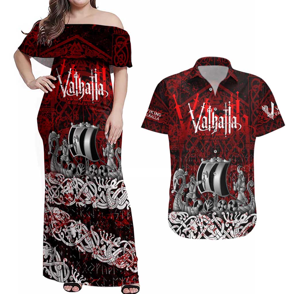 Blood Flows to Valhalla Couples Matching Off Shoulder Maxi Dress and Hawaiian Shirt Viking Longship Nordic Knotwork - Dark Mythology
