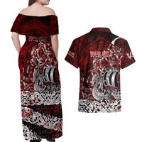 Blood Flows to Valhalla Couples Matching Off Shoulder Maxi Dress and Hawaiian Shirt Viking Longship Nordic Knotwork - Dark Mythology