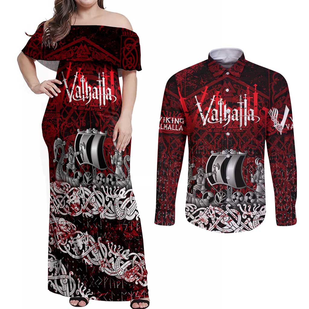 Blood Flows to Valhalla Couples Matching Off Shoulder Maxi Dress and Long Sleeve Button Shirt Viking Longship Nordic Knotwork - Dark Mythology