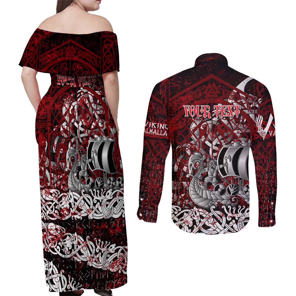 Blood Flows to Valhalla Couples Matching Off Shoulder Maxi Dress and Long Sleeve Button Shirt Viking Longship Nordic Knotwork - Dark Mythology