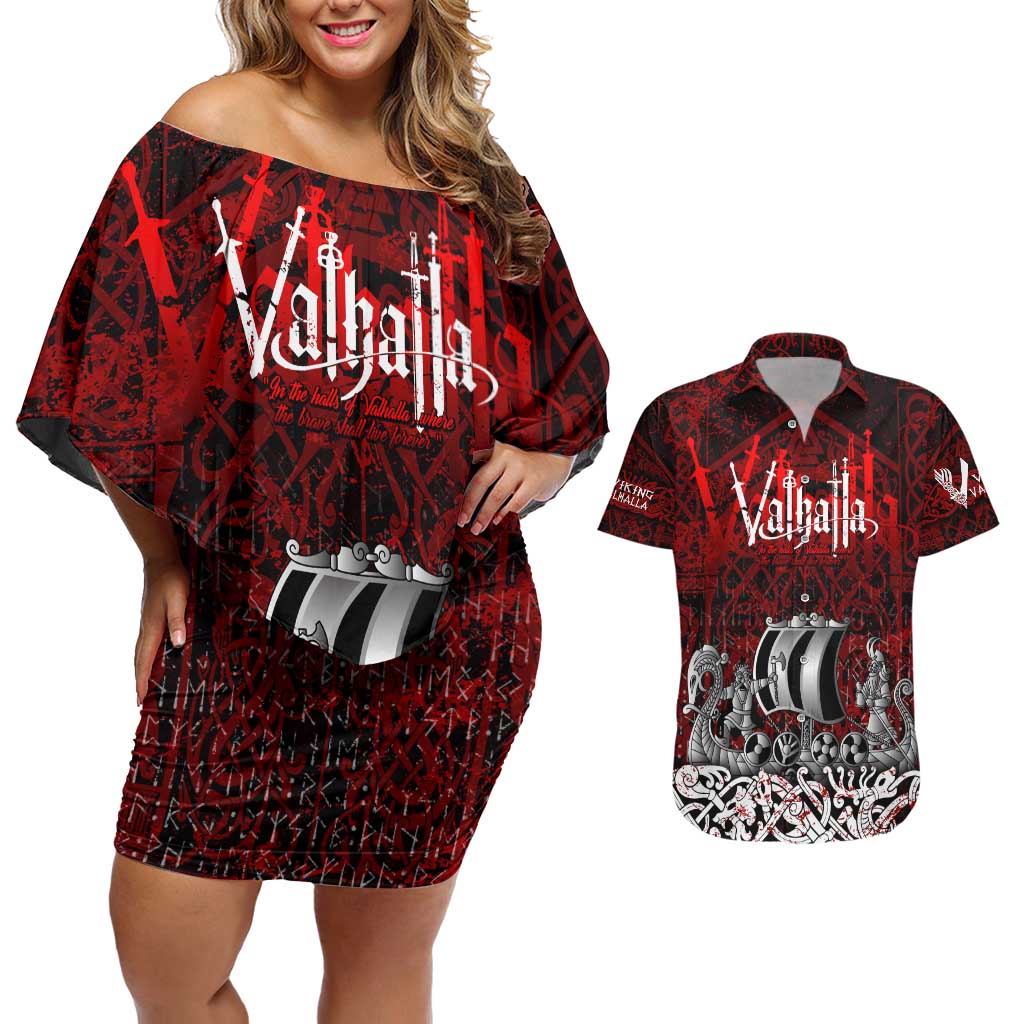 Blood Flows to Valhalla Couples Matching Off Shoulder Short Dress and Hawaiian Shirt Viking Longship Nordic Knotwork - Dark Mythology