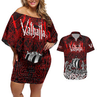 Blood Flows to Valhalla Couples Matching Off Shoulder Short Dress and Hawaiian Shirt Viking Longship Nordic Knotwork - Dark Mythology