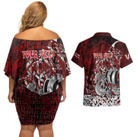 Blood Flows to Valhalla Couples Matching Off Shoulder Short Dress and Hawaiian Shirt Viking Longship Nordic Knotwork - Dark Mythology