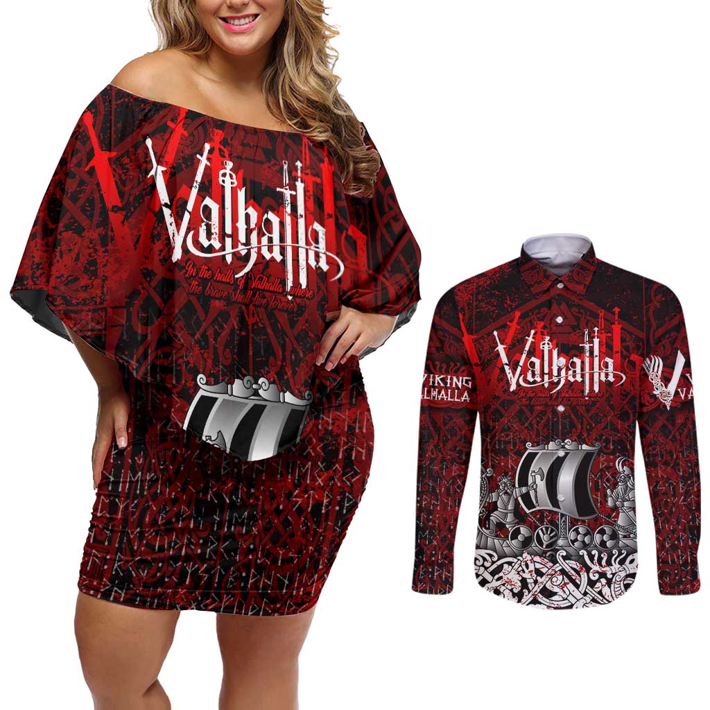 Blood Flows to Valhalla Couples Matching Off Shoulder Short Dress and Long Sleeve Button Shirt Viking Longship Nordic Knotwork - Dark Mythology