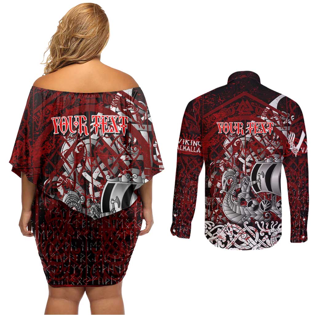 Blood Flows to Valhalla Couples Matching Off Shoulder Short Dress and Long Sleeve Button Shirt Viking Longship Nordic Knotwork - Dark Mythology