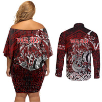 Blood Flows to Valhalla Couples Matching Off Shoulder Short Dress and Long Sleeve Button Shirt Viking Longship Nordic Knotwork - Dark Mythology