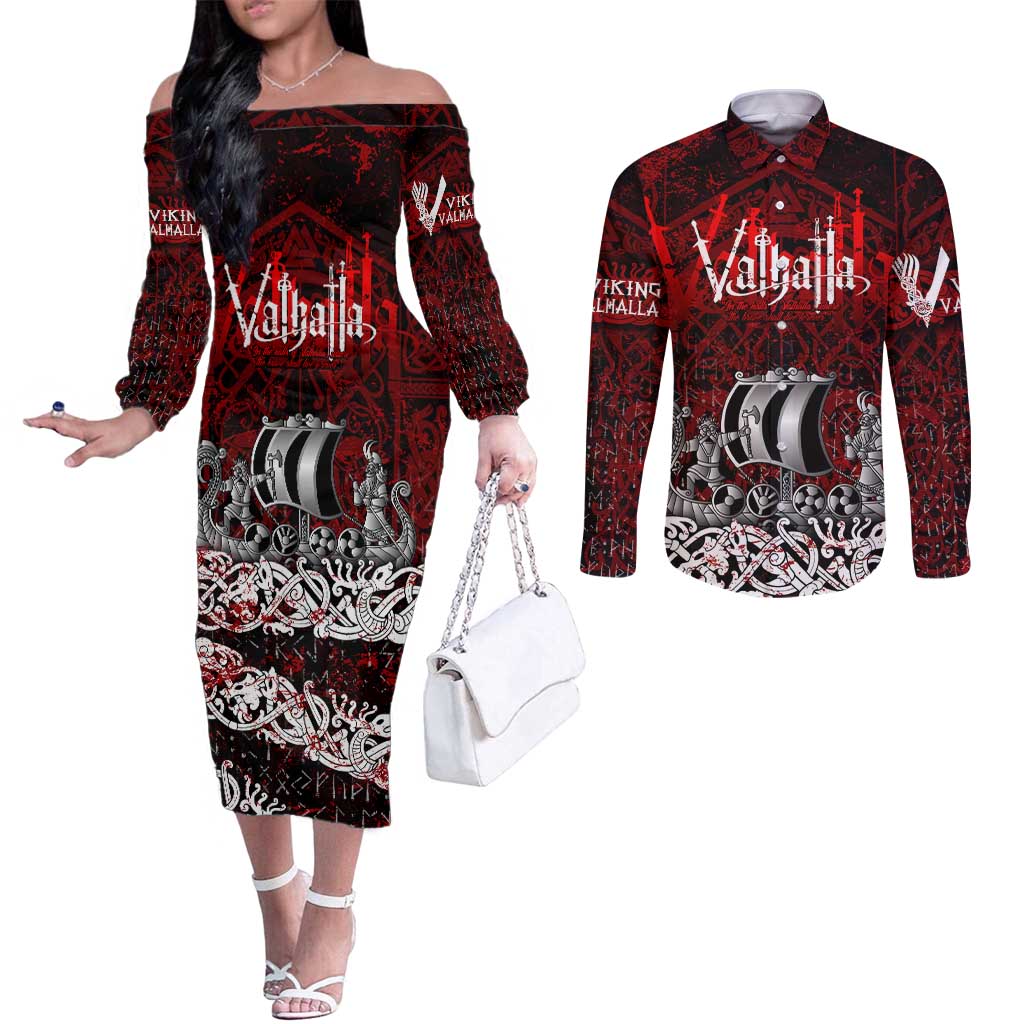 Blood Flows to Valhalla Couples Matching Off The Shoulder Long Sleeve Dress and Long Sleeve Button Shirt Viking Longship Nordic Knotwork - Dark Mythology
