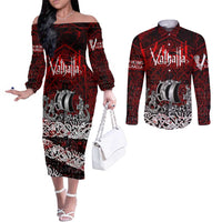 Blood Flows to Valhalla Couples Matching Off The Shoulder Long Sleeve Dress and Long Sleeve Button Shirt Viking Longship Nordic Knotwork - Dark Mythology