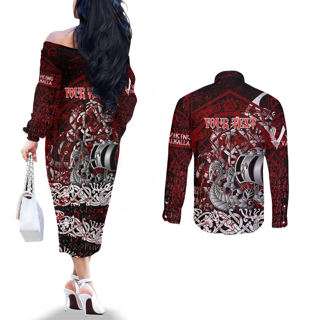 Blood Flows to Valhalla Couples Matching Off The Shoulder Long Sleeve Dress and Long Sleeve Button Shirt Viking Longship Nordic Knotwork - Dark Mythology