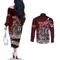 Blood Flows to Valhalla Couples Matching Off The Shoulder Long Sleeve Dress and Long Sleeve Button Shirt Viking Longship Nordic Knotwork - Dark Mythology