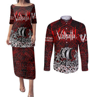 Blood Flows to Valhalla Couples Matching Puletasi and Long Sleeve Button Shirt Viking Longship Nordic Knotwork - Dark Mythology