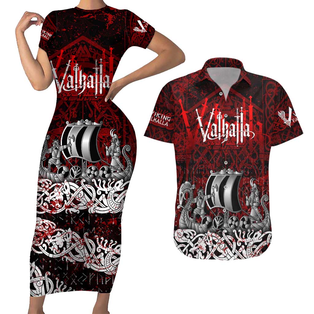 Blood Flows to Valhalla Couples Matching Short Sleeve Bodycon Dress and Hawaiian Shirt Viking Longship Nordic Knotwork - Dark Mythology