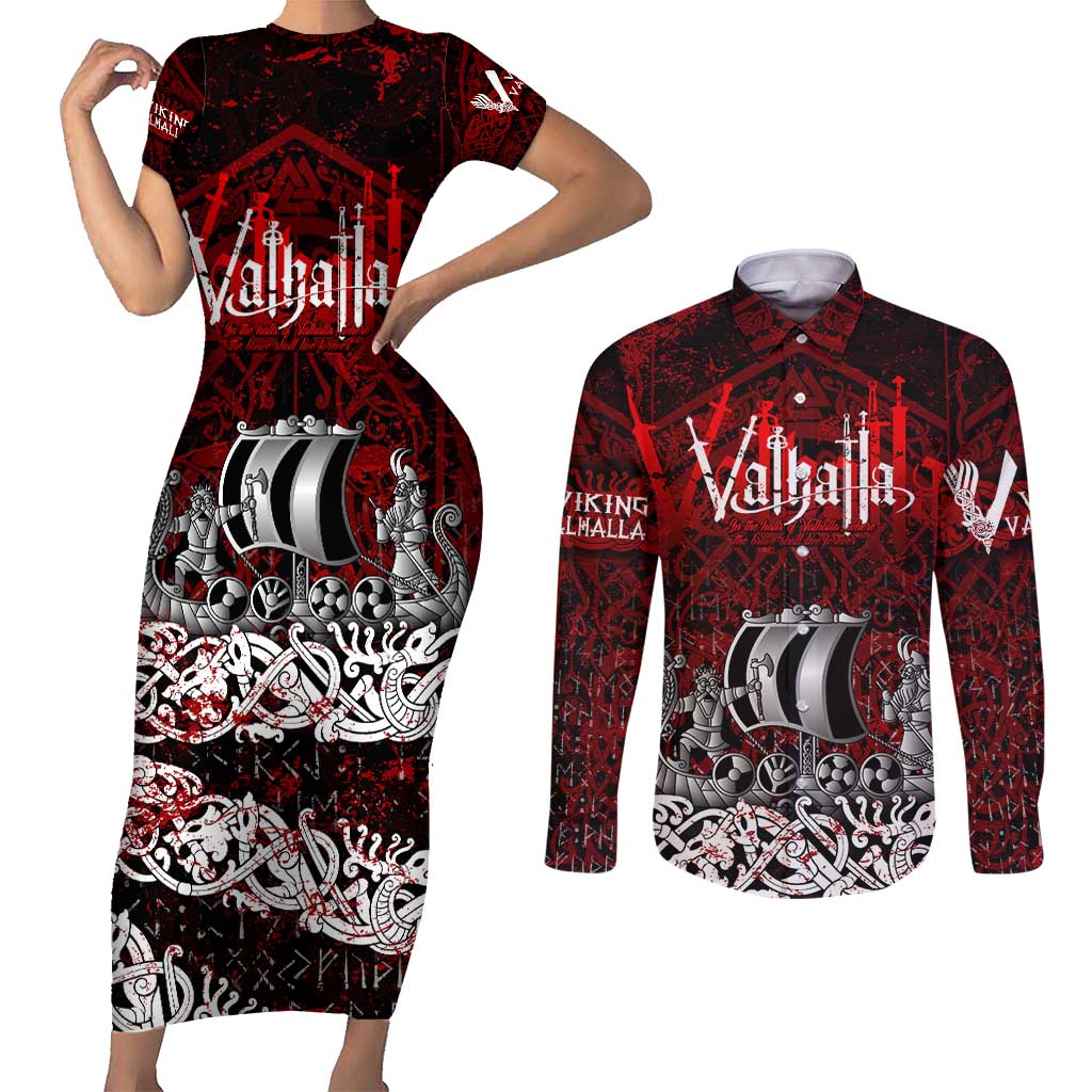Blood Flows to Valhalla Couples Matching Short Sleeve Bodycon Dress and Long Sleeve Button Shirt Viking Longship Nordic Knotwork - Dark Mythology