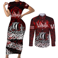 Blood Flows to Valhalla Couples Matching Short Sleeve Bodycon Dress and Long Sleeve Button Shirt Viking Longship Nordic Knotwork - Dark Mythology