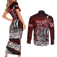 Blood Flows to Valhalla Couples Matching Short Sleeve Bodycon Dress and Long Sleeve Button Shirt Viking Longship Nordic Knotwork - Dark Mythology