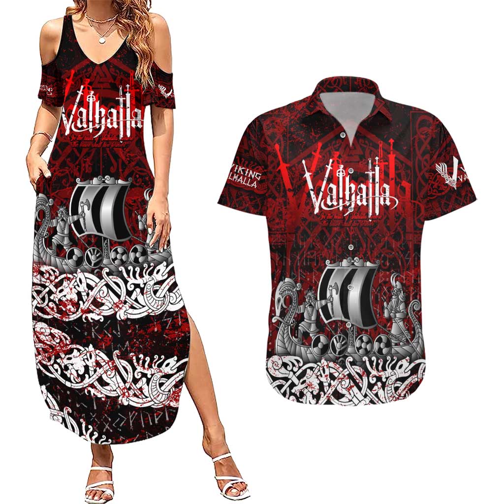 Blood Flows to Valhalla Couples Matching Summer Maxi Dress and Hawaiian Shirt Viking Longship Nordic Knotwork - Dark Mythology