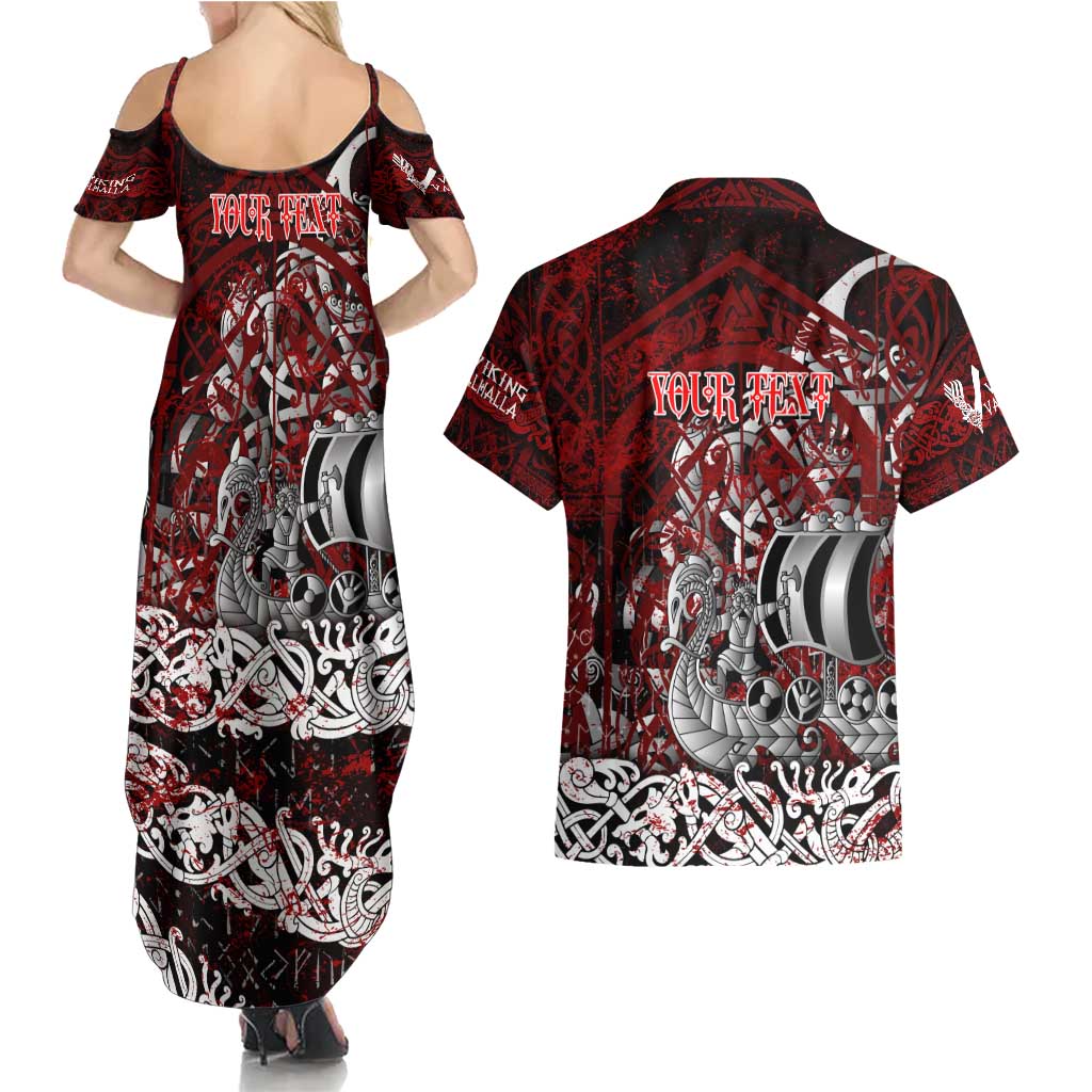 Blood Flows to Valhalla Couples Matching Summer Maxi Dress and Hawaiian Shirt Viking Longship Nordic Knotwork - Dark Mythology