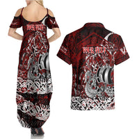 Blood Flows to Valhalla Couples Matching Summer Maxi Dress and Hawaiian Shirt Viking Longship Nordic Knotwork - Dark Mythology