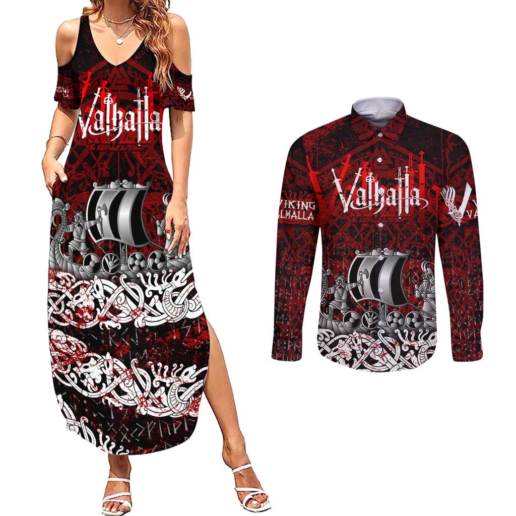 Blood Flows to Valhalla Couples Matching Summer Maxi Dress and Long Sleeve Button Shirt Viking Longship Nordic Knotwork - Dark Mythology